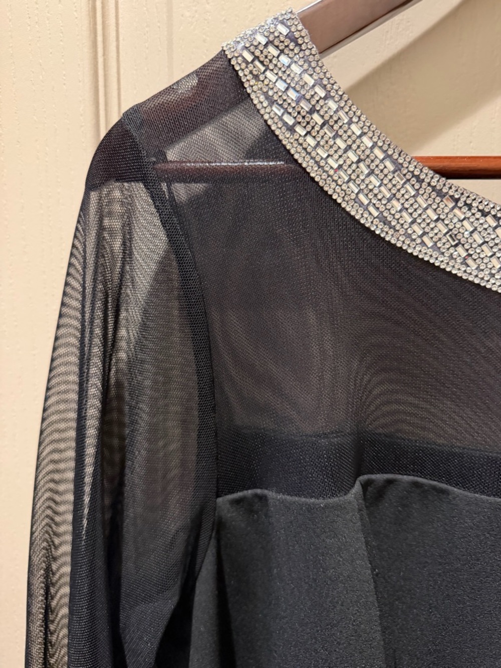 Alex Evenings Black Long Sleeve Mesh Dress with Beaded Collar - Picture 3 of 8